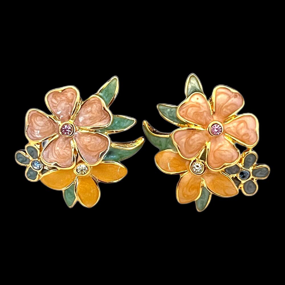 Vintage 1990s Joan Rivers Floral Clip Earrings Gold Tone Enamel Crystal - 5F